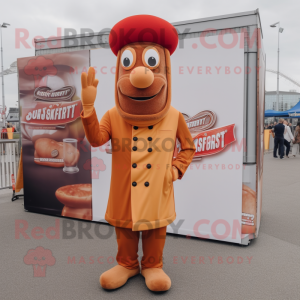 Tan Currywurst mascot costume character dressed with a Suit and Berets