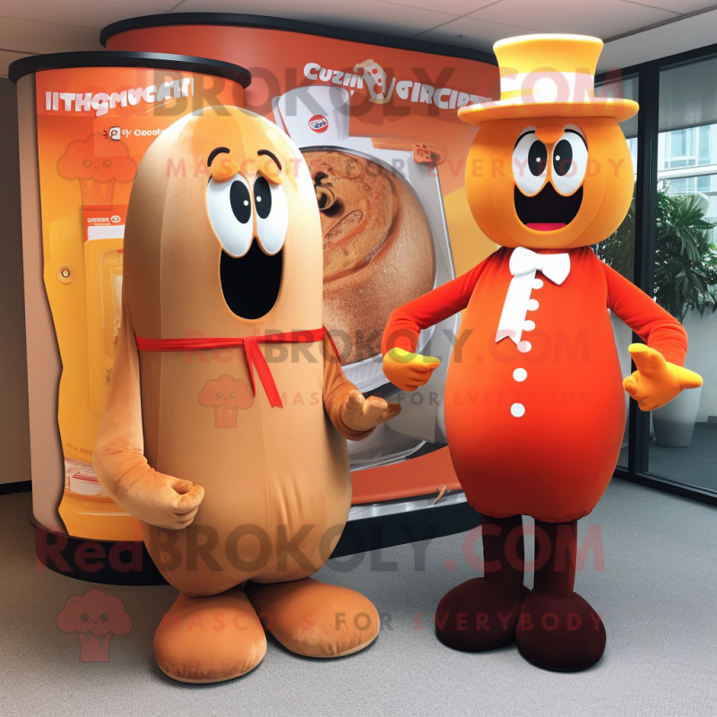 Tan Currywurst mascot costume character dressed with a Suit and Berets Tan Currywurst mascot costume character dressed with a Suit and Berets