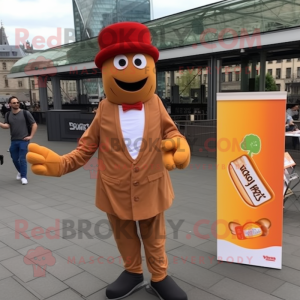 Tan Currywurst mascot costume character dressed with a Suit and Berets