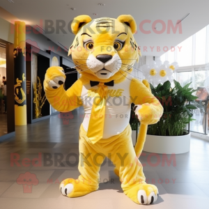 Lemon Yellow Saber-Toothed Tiger mascot costume character dressed with a Jeggings and Bow ties