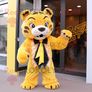 Lemon Yellow Saber-Toothed Tiger mascot costume character dressed with a Jeggings and Bow ties