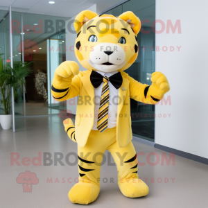 Lemon Yellow Saber-Toothed Tiger mascot costume character dressed with a Jeggings and Bow ties