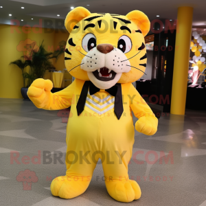 Lemon Yellow Saber-Toothed Tiger mascot costume character dressed with a Jeggings and Bow ties