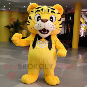 Lemon Yellow Saber-Toothed Tiger mascot costume character dressed with a Jeggings and Bow ties