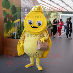 Lemon Yellow Tacos mascot costume character dressed with a Jumpsuit and Handbags