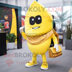 Lemon Yellow Tacos mascot costume character dressed with a Jumpsuit and Handbags