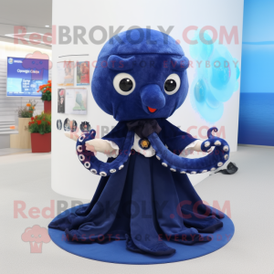 Navy Octopus mascot costume character dressed with a Mini Skirt and Shawl pins