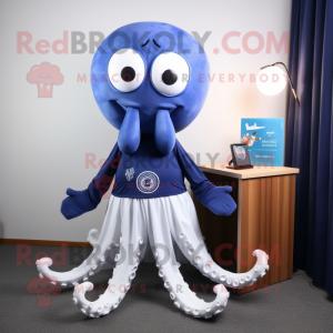 Navy Octopus mascot costume character dressed with a Mini Skirt and Shawl pins