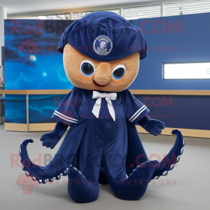 Navy Octopus mascot costume character dressed with a Mini Skirt and Shawl pins