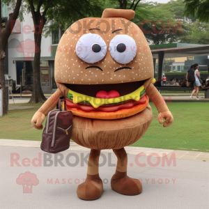 Brown Hamburger mascot costume character dressed with a Mini Dress and Messenger bags