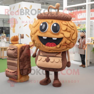Brown Hamburger mascot costume character dressed with a Mini Dress and Messenger bags