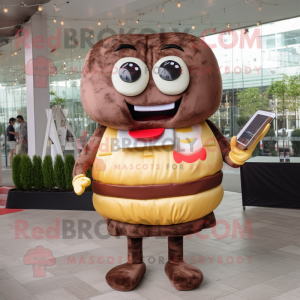 Brown Hamburger mascot costume character dressed with a Mini Dress and Messenger bags