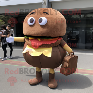 Brown Hamburger mascot costume character dressed with a Mini Dress and Messenger bags