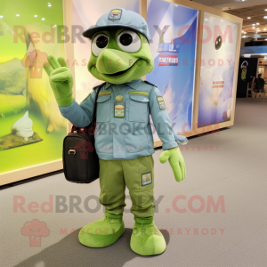 Lime Green Air Force Soldier mascot costume character dressed with a Denim Shirt and Wallets