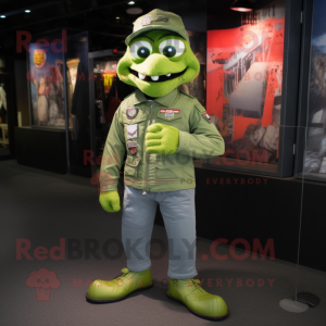 Lime Green Air Force Soldier mascot costume character dressed with a Denim Shirt and Wallets