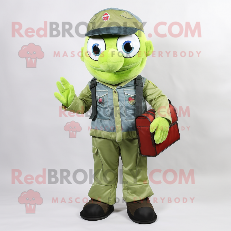 Lime Green Air Force Soldier mascot costume character dressed with a Denim Shirt and Wallets