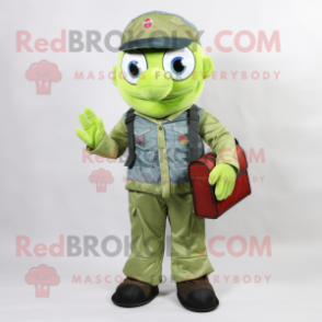 Lime Green Air Force Soldier mascot costume character dressed with a Denim Shirt and Wallets