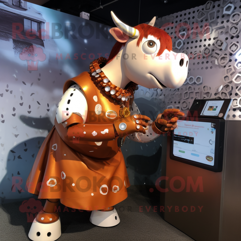 Rust Cow mascot costume character dressed with a A-Line Dress and Smartwatches