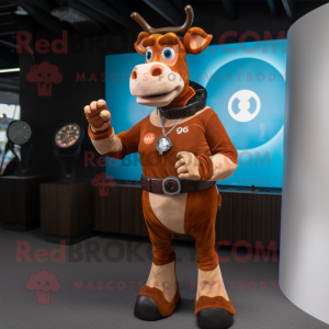 Rust Cow mascot costume character dressed with a A-Line Dress and Smartwatches