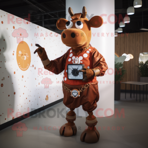 Rust Cow mascot costume character dressed with a A-Line Dress and Smartwatches