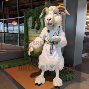 White Boer Goat mascot costume character dressed with a A-Line Dress and Shoe laces