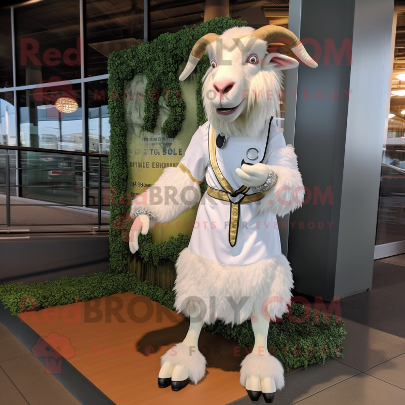 White Boer Goat mascot costume character dressed with a A-Line Dress and Shoe laces White Boer Goat mascot costume character dressed with a A-Line Dress and Shoe laces