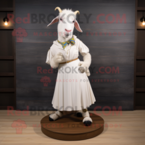 White Boer Goat mascot costume character dressed with a A-Line Dress and Shoe laces