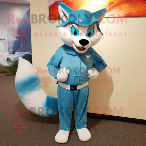 Sky Blue Fox mascot costume character dressed with a Capri Pants and Mittens