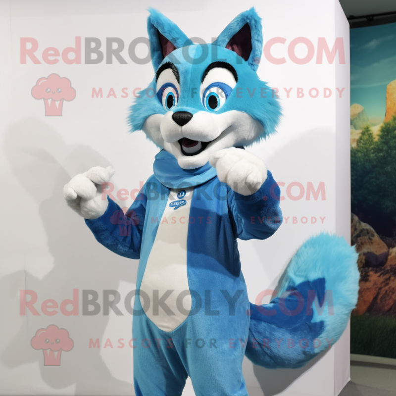 Sky Blue Fox mascot costume character dressed with a Capri Pants and Mittens