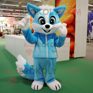 Sky Blue Fox mascot costume character dressed with a Capri Pants and Mittens