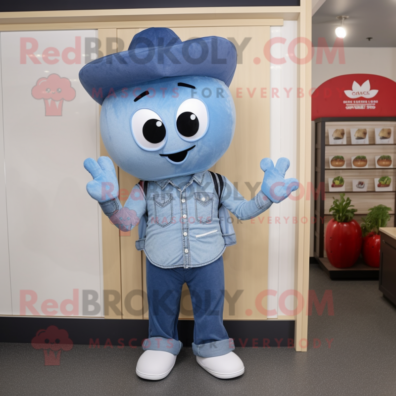 Blue Radish mascot costume character dressed with a Chambray Shirt and Foot pads