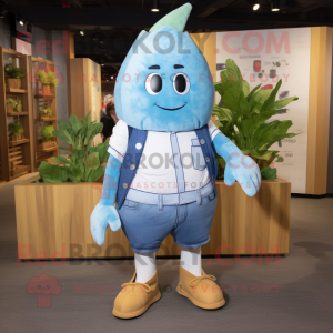 Blue Radish mascot costume character dressed with a Chambray Shirt and Foot pads