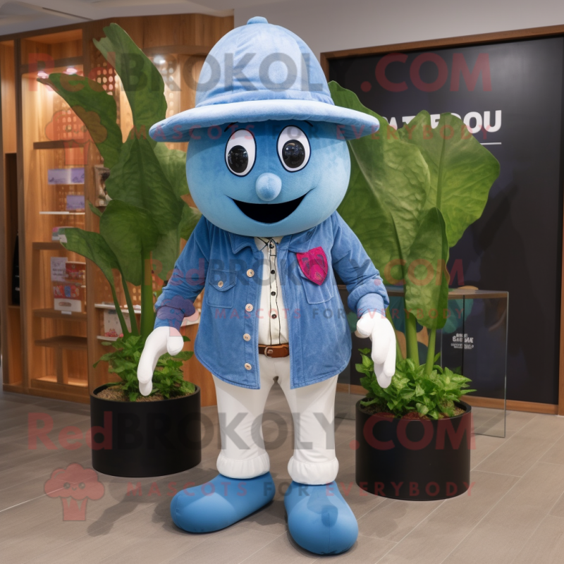 Blue Radish mascot costume character dressed with a Chambray Shirt and Foot pads