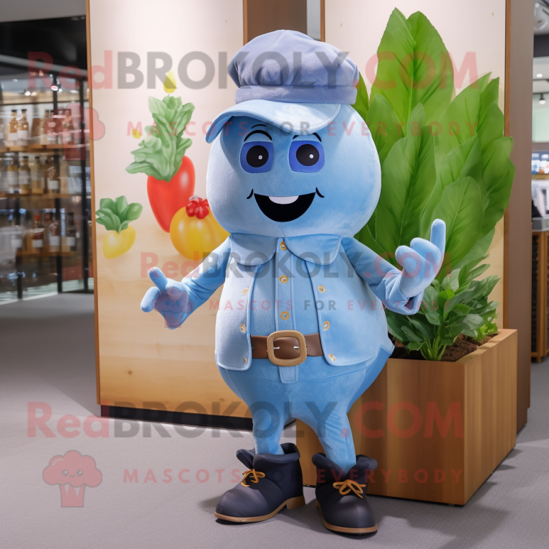 Blue Radish mascot costume character dressed with a Chambray Shirt and Foot pads