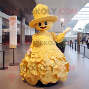 Gold Cauliflower mascot costume character dressed with a Ball Gown and Hat pins