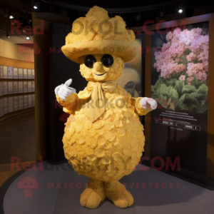 Gold Cauliflower mascot costume character dressed with a Ball Gown and Hat pins