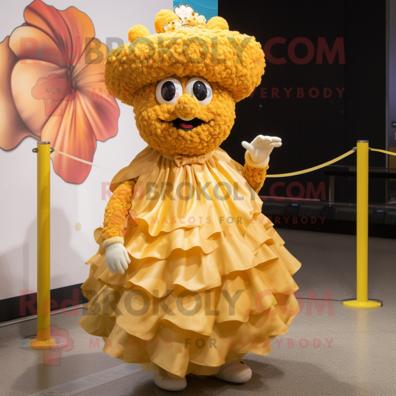 Gold Cauliflower mascot costume character dressed with a Ball Gown and Hat pins