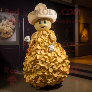 Gold Cauliflower mascot costume character dressed with a Ball Gown and Hat pins