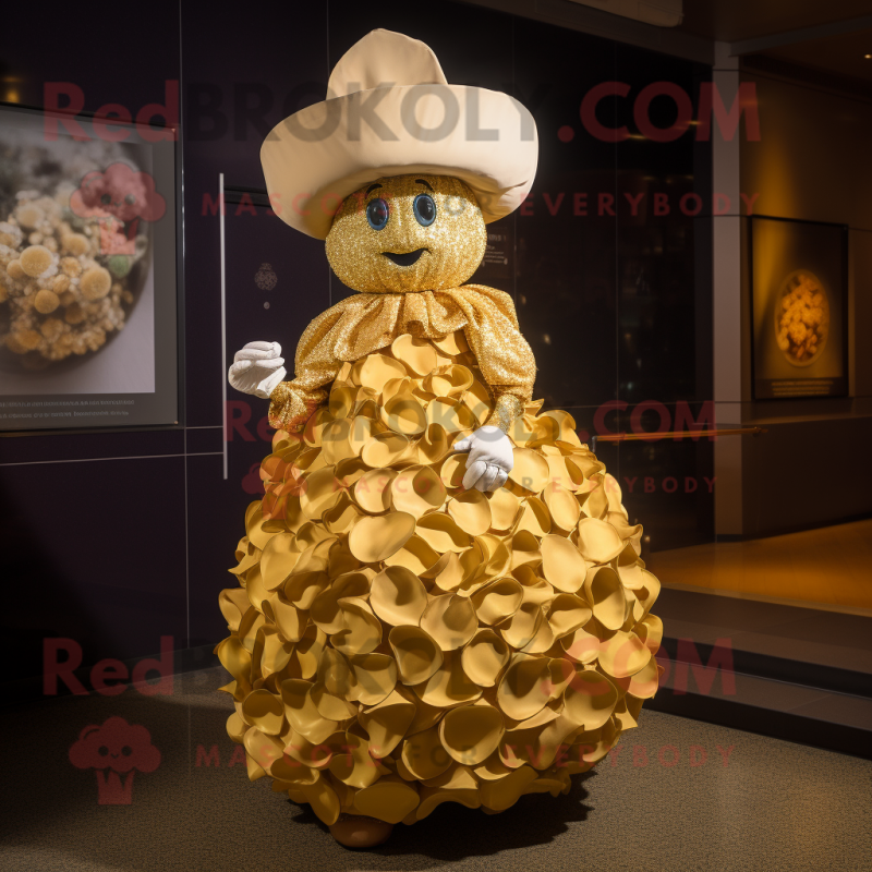 Gold Cauliflower mascot costume character dressed with a Ball Gown and Hat pins Gold Cauliflower mascot costume character dressed with a Ball Gown and Hat pins