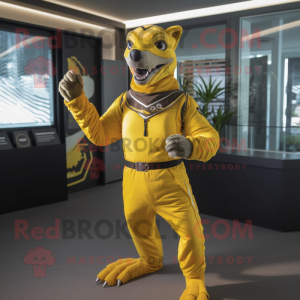 Yellow Thylacosmilus mascot costume character dressed with a Bodysuit and Belts