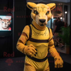 Yellow Thylacosmilus mascot costume character dressed with a Bodysuit and Belts