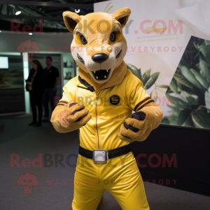 Yellow Thylacosmilus mascot costume character dressed with a Bodysuit and Belts
