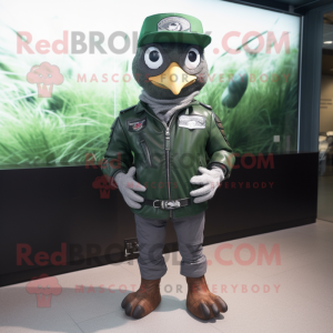 Forest Green Quail mascot costume character dressed with a Biker Jacket and Caps