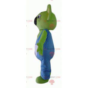 Mascotte groene koala met blauwe en witte overall -