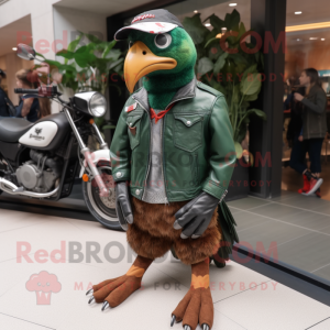 Forest Green Quail mascot costume character dressed with a Biker Jacket and Caps