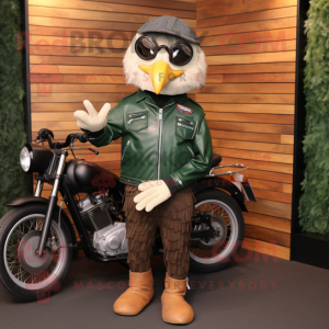 Forest Green Quail mascot costume character dressed with a Biker Jacket and Caps