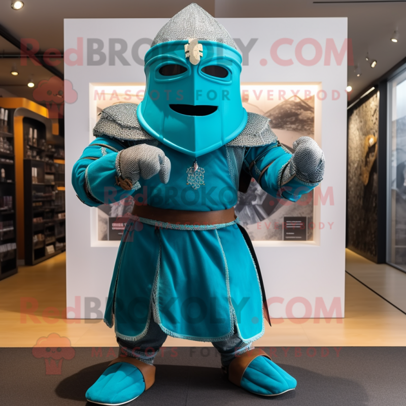 Turquoise Medieval Knight mascot costume character dressed with a Skirt and Shoe laces