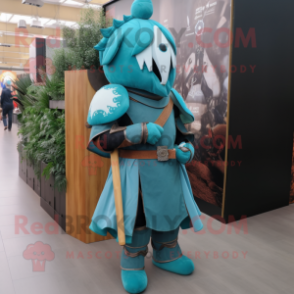 Turquoise Medieval Knight mascot costume character dressed with a Skirt and Shoe laces