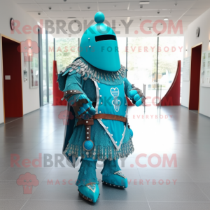 Turquoise Medieval Knight mascot costume character dressed with a Skirt and Shoe laces