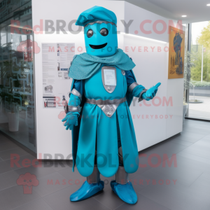 Turquoise Medieval Knight mascot costume character dressed with a Skirt and Shoe laces